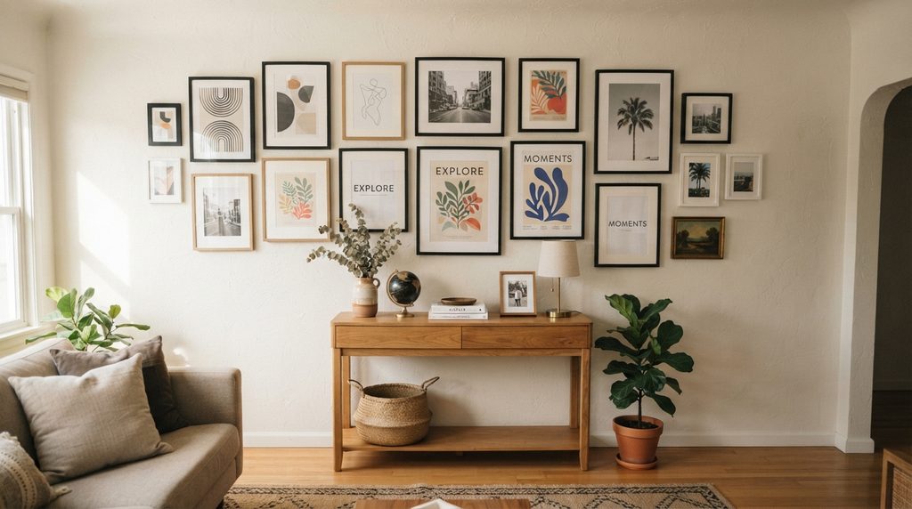 Modern gallery wall featuring contemporary artwork and framed photographs.