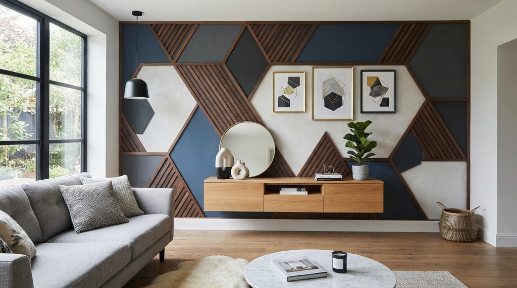 Geometric wall decorations in a modern home office.