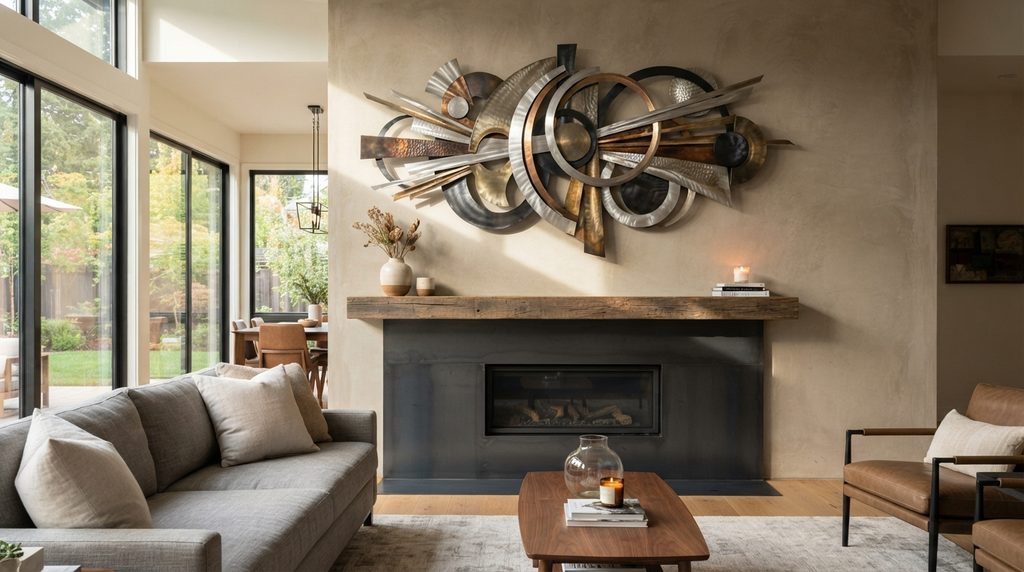 Contemporary metal wall sculpture decorating a modern home.