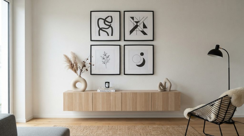Black-and-white artwork decorating a contemporary bedroom.