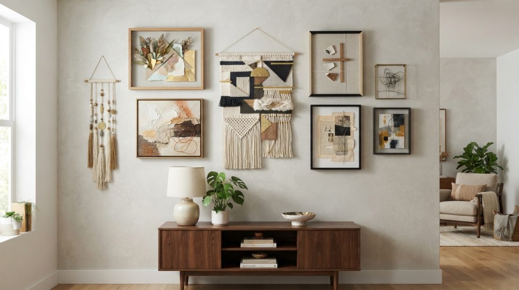 Mixed-media wall arrangement featuring artwork, mirrors, shelves, and decorative accessories.