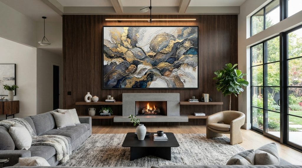 Large contemporary painting hanging above a modern sectional sofa.