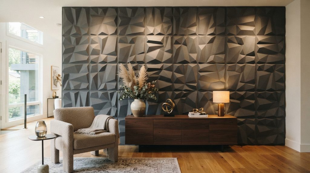Decorative textured wall panels in a contemporary living room.