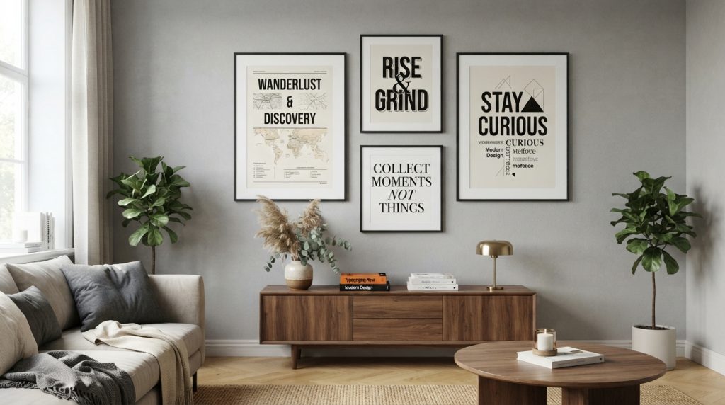 Minimalist typography artwork displayed in a contemporary home office.