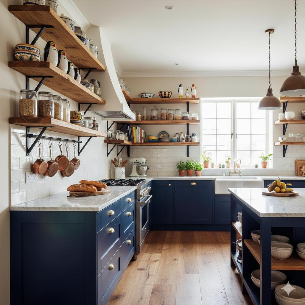 20 Types of Kitchen Cabinets 8 Modern kitchen with wooden open shelving and decorative dishes.