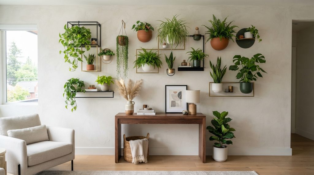 Indoor plants displayed in decorative wall-mounted planters.