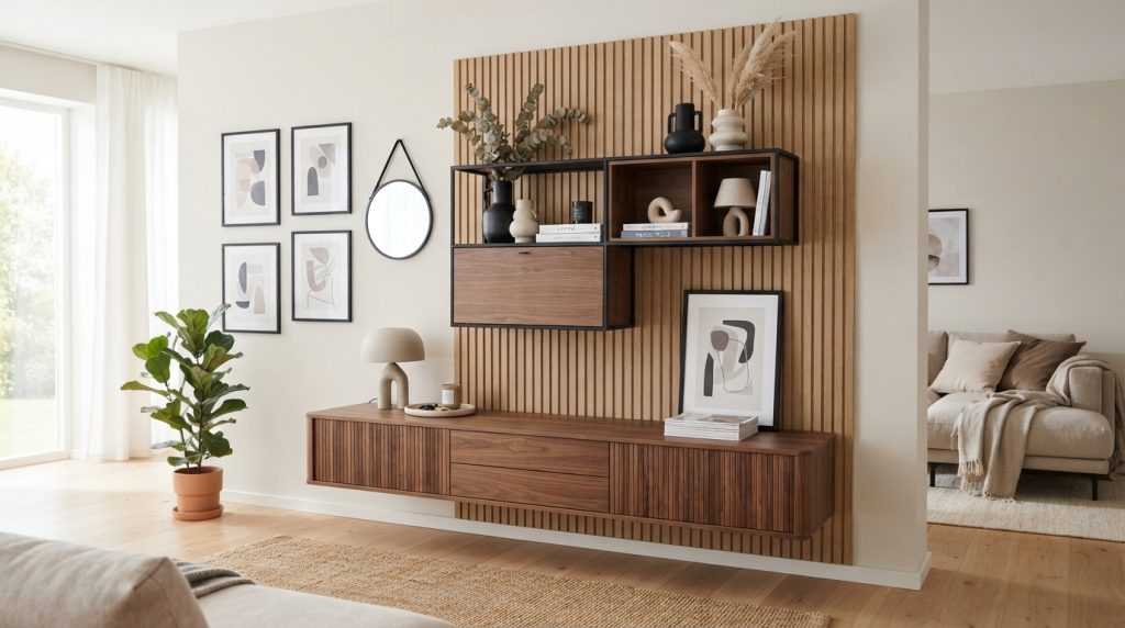 Modern wall-mounted storage system in a contemporary living room.