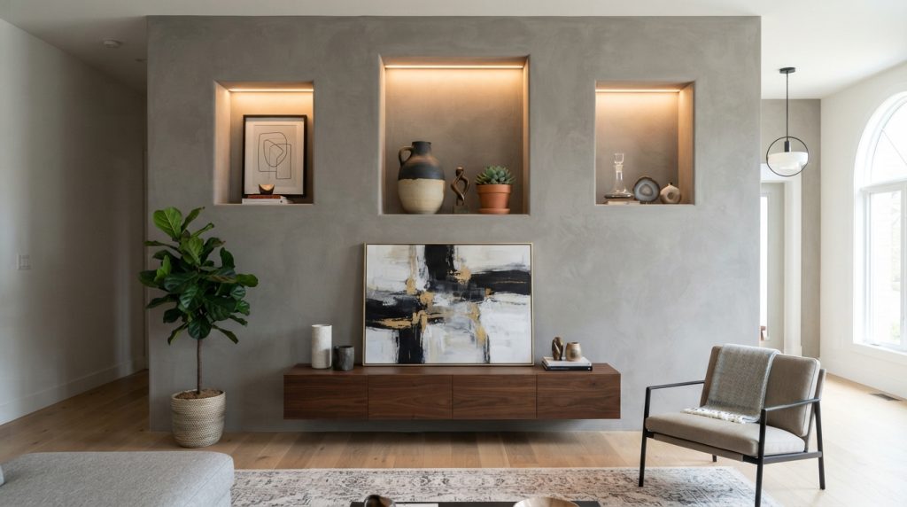 Modern wall niche displaying decorative accessories and indoor plants.