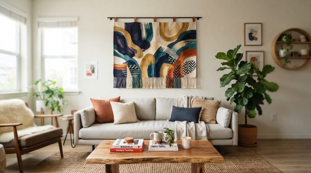 Minimalist typography artwork displayed in a contemporary home office.