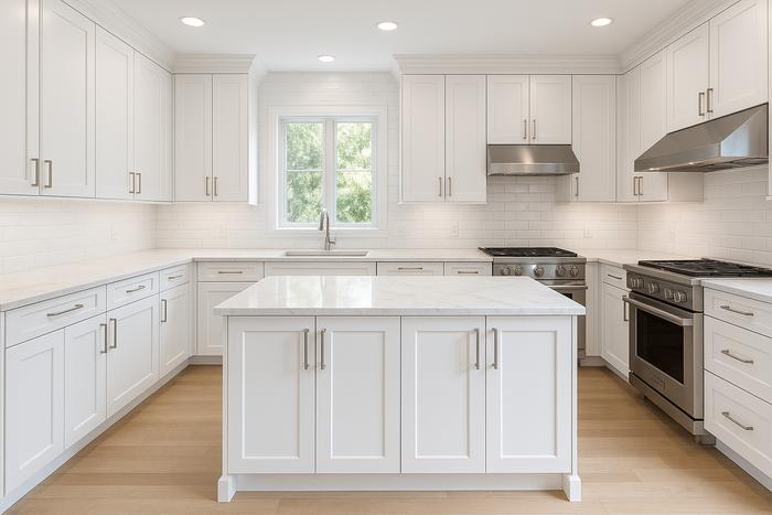 20 Types of Kitchen Cabinets 1 White Shaker kitchen cabinets with minimalist cabinet doors.