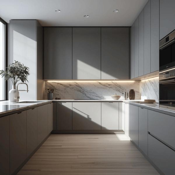 20 Types of Kitchen Cabinets 9 White frameless kitchen cabinets with quartz island.