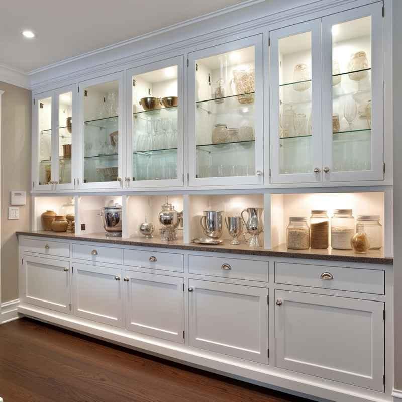 20 Types of Kitchen Cabinets 3 Elegant glass-front kitchen cabinets showcasing dinnerware.