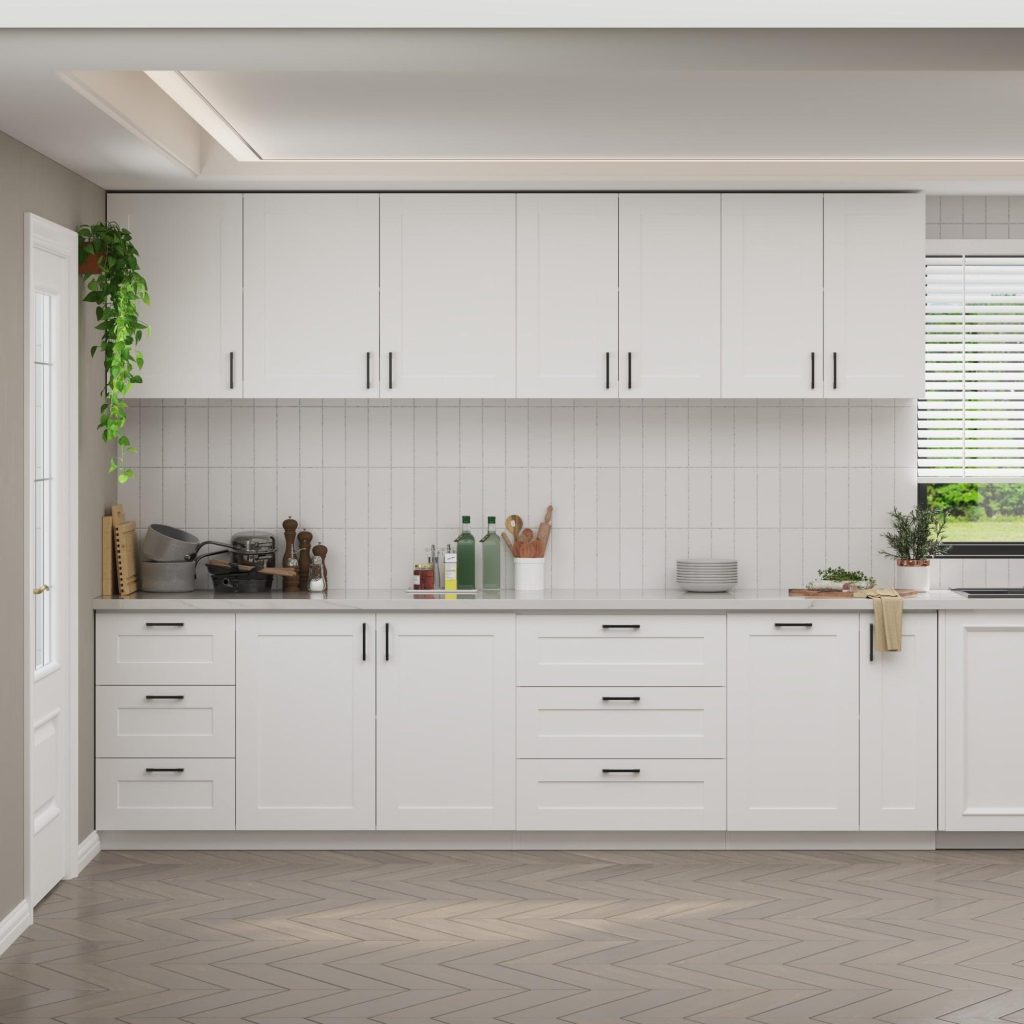 20 Types of Kitchen Cabinets 17 White wall kitchen cabinets above a marble countertop.