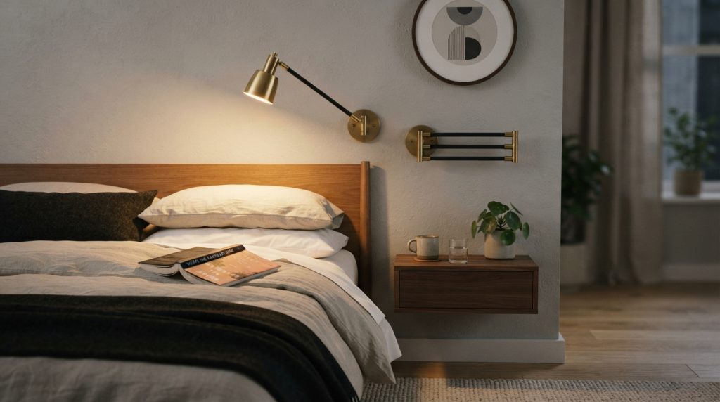 20 Bedroom Lighting Ideas featuring an adjustable bedside reading lamp