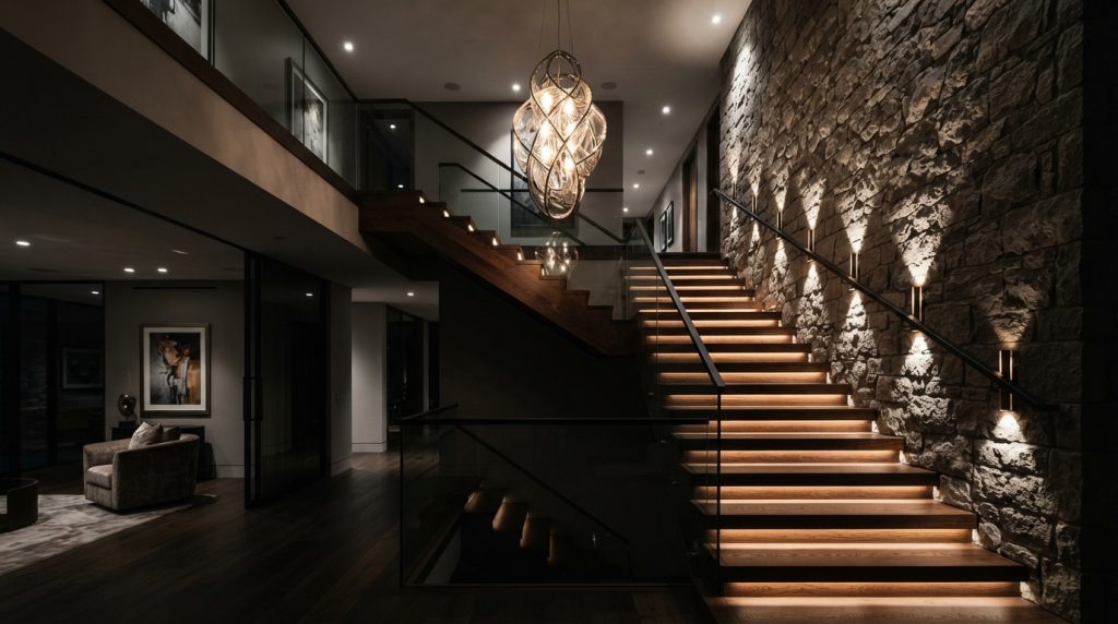 Dramatic staircase with layered LED, recessed, and accent lighting
