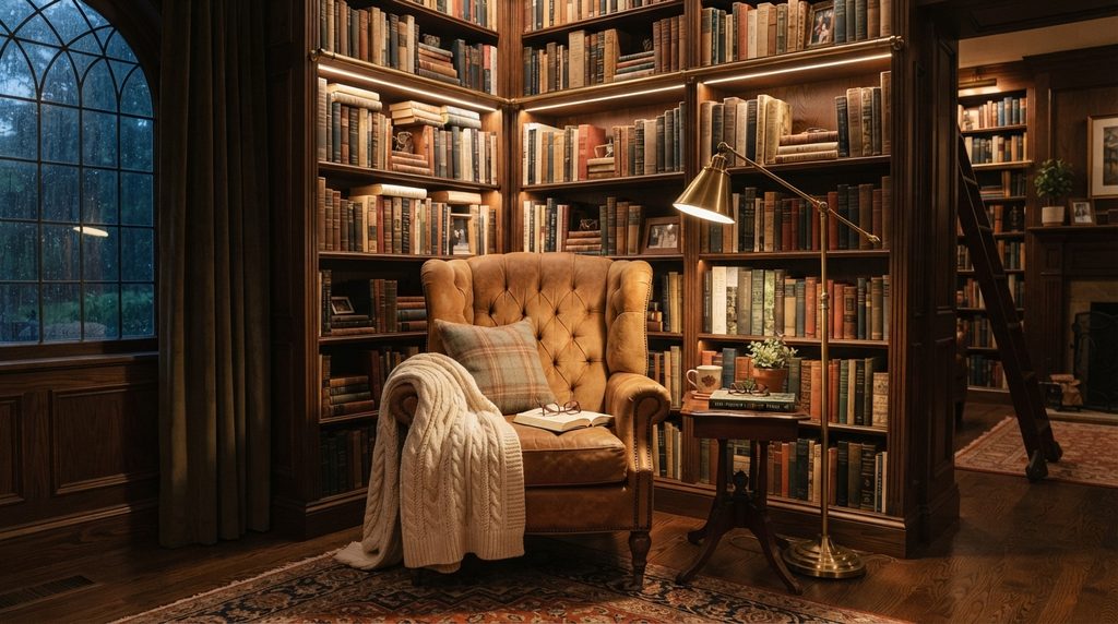 Reading corner lighting ideas for a cozy home library with warm and stylish lighting