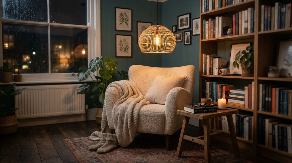 Pendant light above a stylish reading corner with armchair