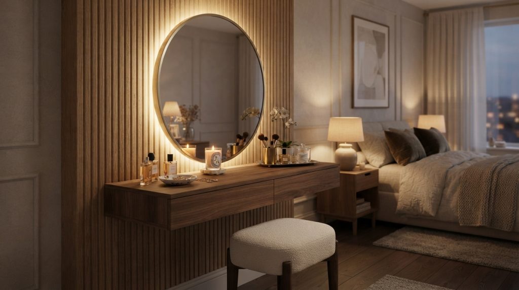 20 Bedroom Lighting Ideas featuring a backlit LED bedroom mirror