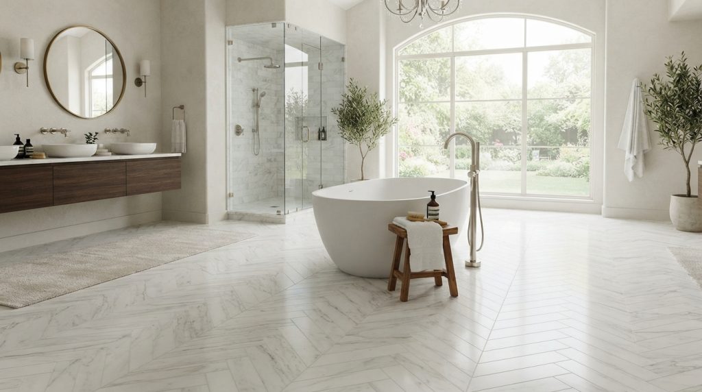 Bathroom tile ideas featuring a stylish white herringbone tile pattern