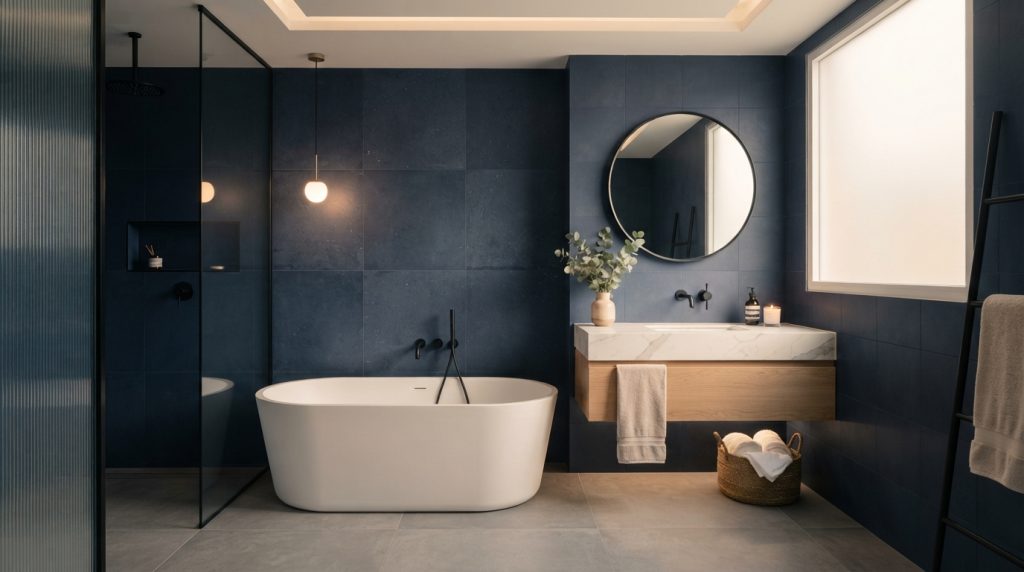 Relaxing bathroom tile ideas featuring blue tiles and white bathroom fixtures