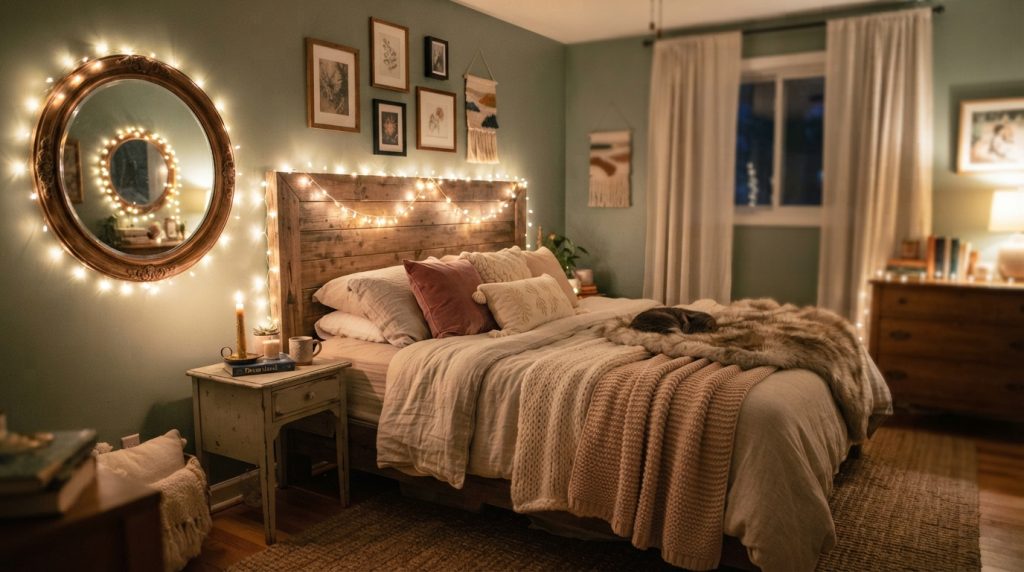 20 Bedroom Lighting Ideas using warm string lights around a bed