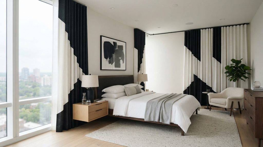 20 Bedroom Curtain Ideas for Modern Interiors 19 Black and white curtains in a contemporary minimalist bedroom