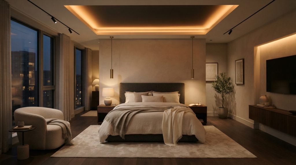 20 Bedroom Lighting Ideas featuring soft ceiling cove lighting