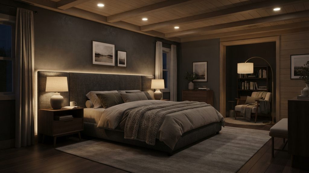 20 Bedroom Lighting Ideas showing layered lighting in a cozy bedroom
