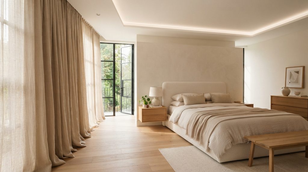 20 Bedroom Curtain Ideas for Modern Interiors 7 Beige curtains paired with warm neutral bedroom furniture
