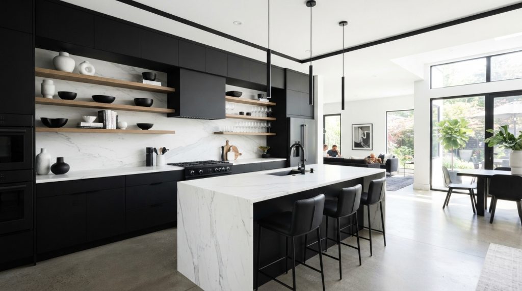 Black and white open kitchen design ideas with contrasting cabinets and modern island