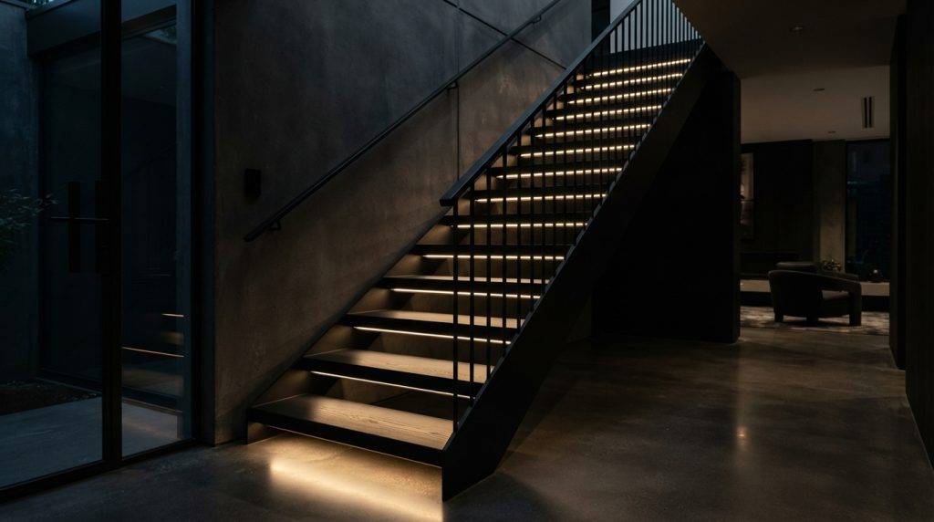 Black modern staircase with dramatic warm LED lighting