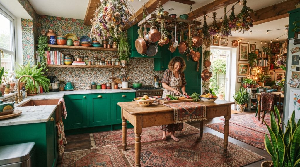 Bohemian open kitchen design ideas with plants, colorful accessories and wooden shelving