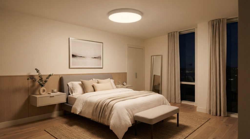 20 Bedroom Lighting Ideas featuring a modern flush mount ceiling light