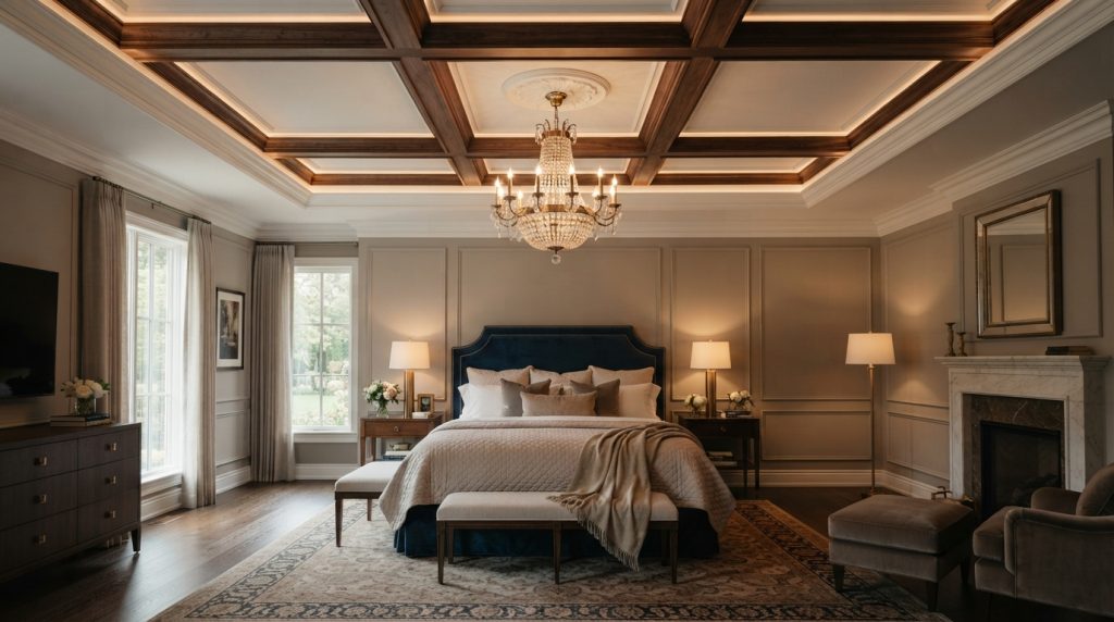 Elegant coffered bedroom ceiling with luxurious recessed lighting