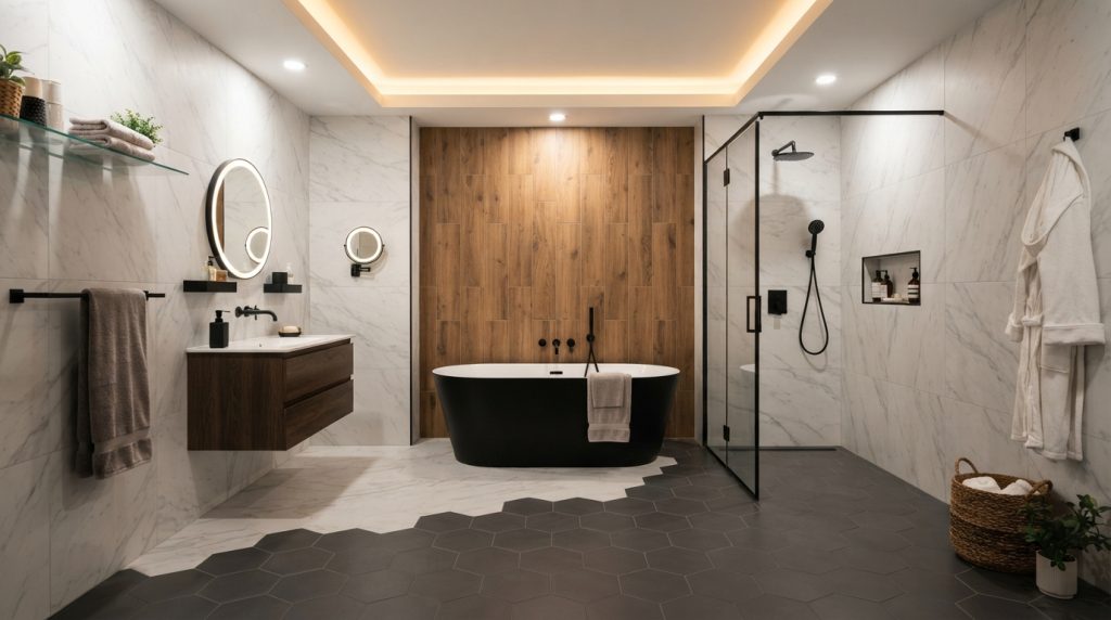 Bathroom tile ideas combining marble walls, patterned flooring, and modern finishes