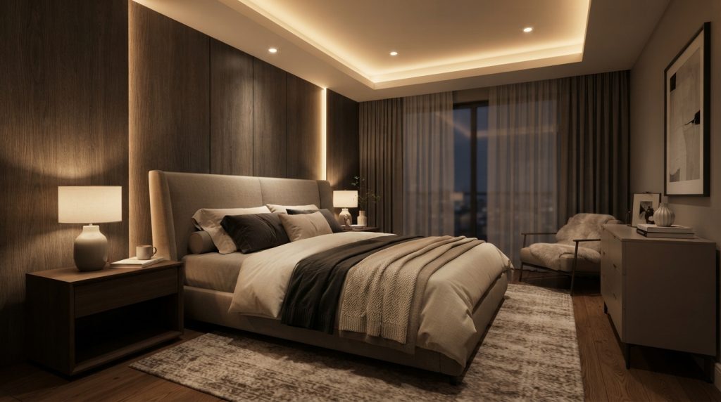 20 Bedroom Lighting Ideas featuring warm LED ceiling lighting