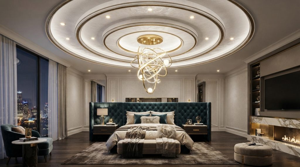 Luxury master bedroom with statement chandelier ceiling