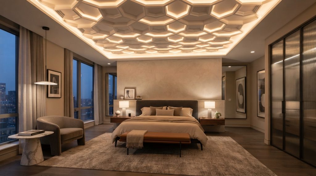 Contemporary geometric bedroom ceiling with LED lighting