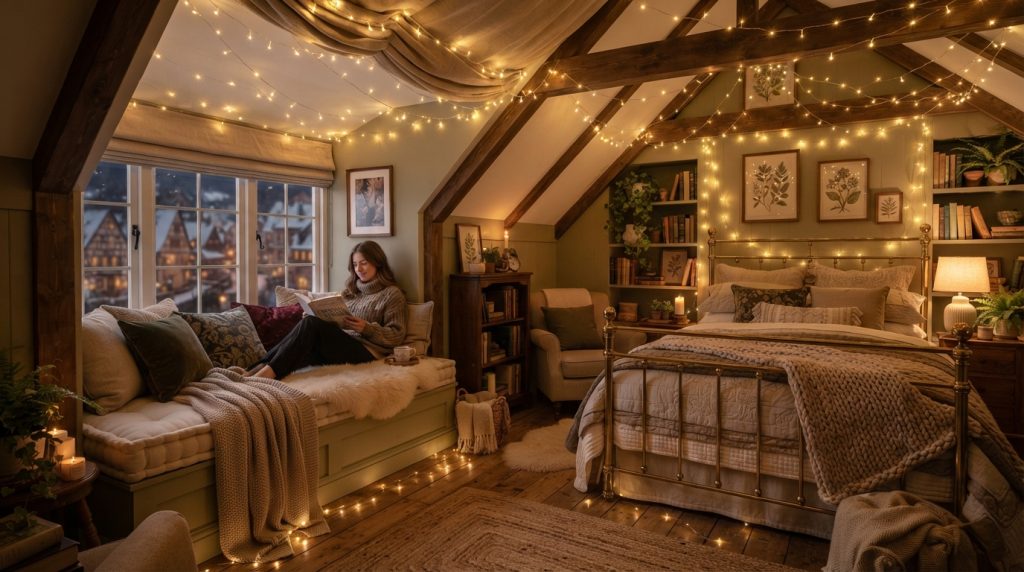20 Bedroom Lighting Ideas using warm string lights around a bed