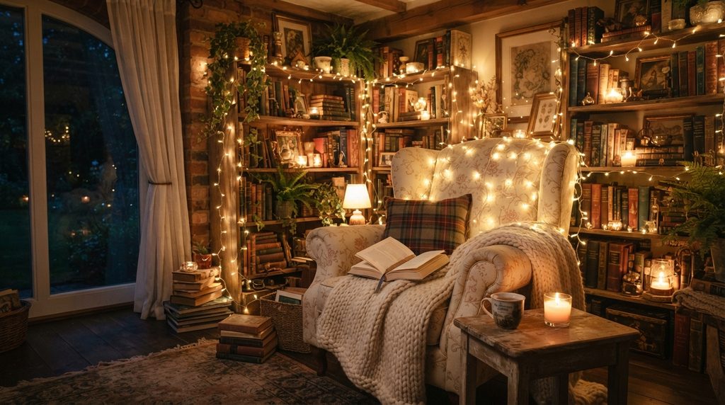 Reading corner lighting ideas with decorative string lights creating a cozy and inviting reading nook