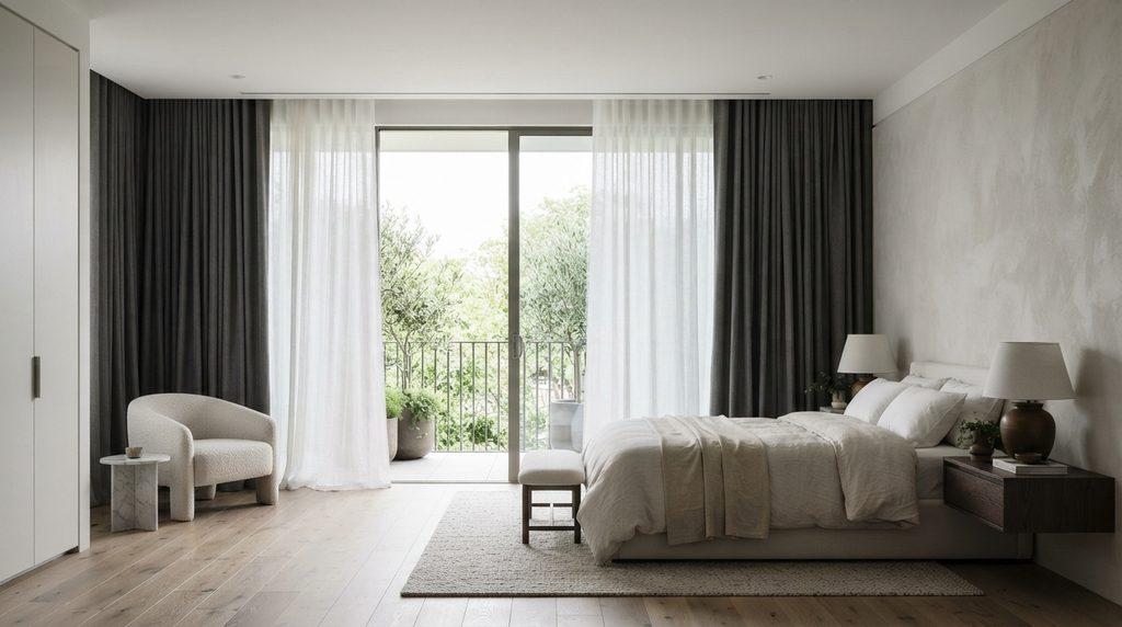 20 Bedroom Curtain Ideas for Modern Interiors 1 Floor-to-ceiling curtains in a modern bedroom interior