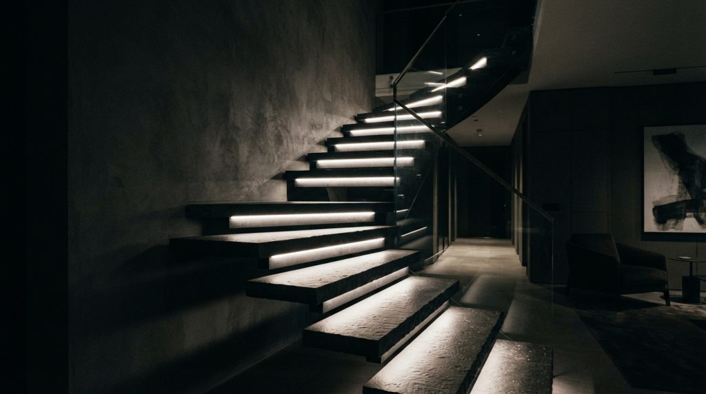 Floating staircase with concealed under tread LED lighting