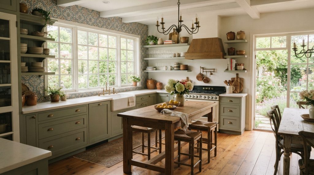 Farmhouse open kitchen design ideas with shaker cabinets and wooden dining table