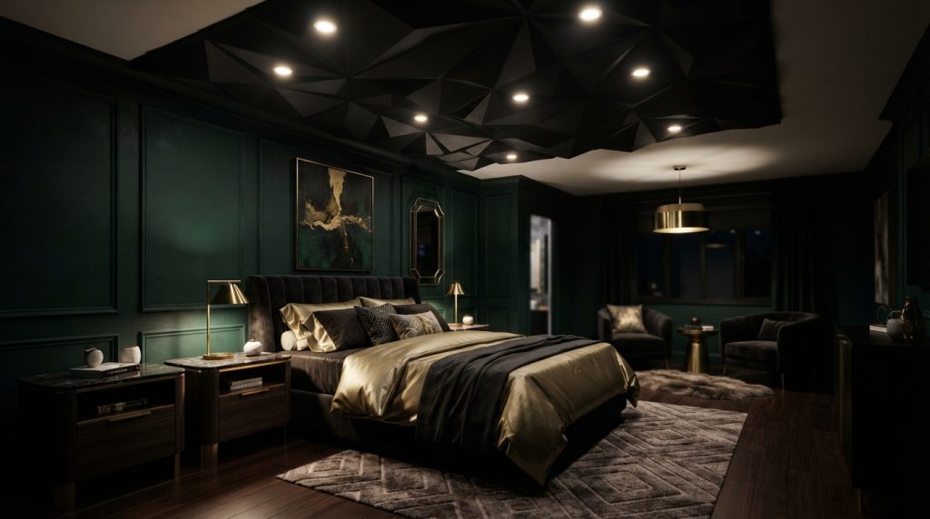 Dramatic dark ceiling design in a luxurious bedroom
