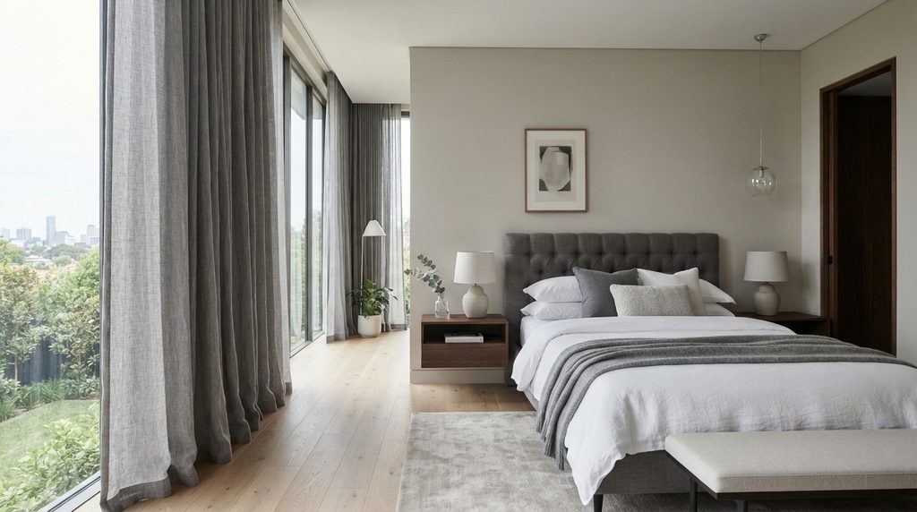20 Bedroom Curtain Ideas for Modern Interiors 8 Gray bedroom curtains in a contemporary neutral bedroom