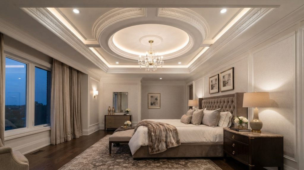 Modern gypsum ceiling design with recessed lights in bedroom