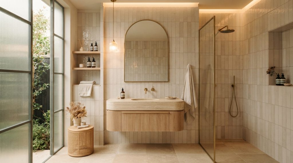 Warm bathroom tile ideas featuring soft beige tiles and natural wood