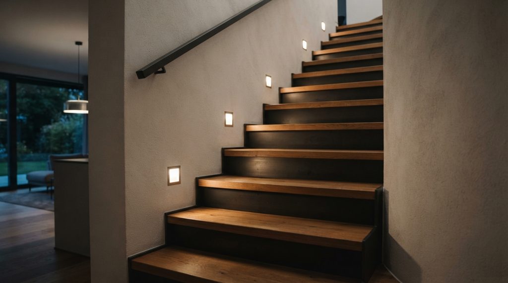 Minimalist staircase with recessed wall step lights