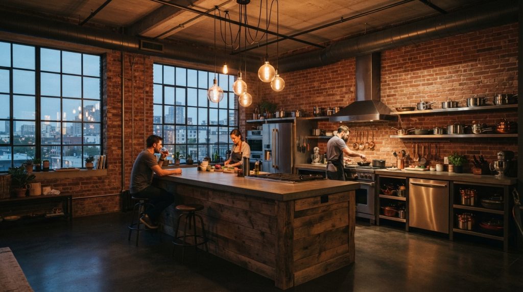 Industrial open kitchen design ideas with exposed brick wall and black pendant lights