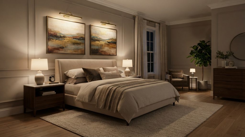 20 Bedroom Lighting Ideas using a picture light above bedroom artwork